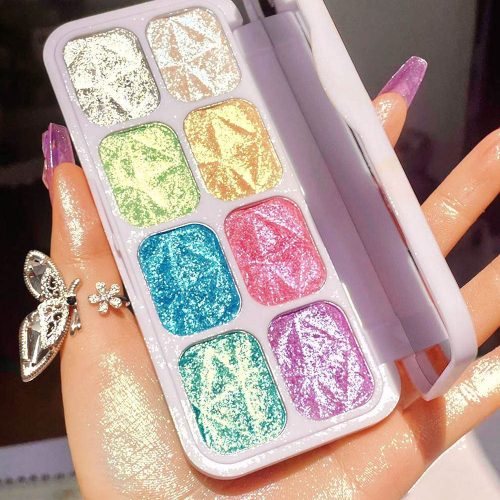 8 Color Face Cheek Highlighter Makeup Palette Shimmer Glitter Iridescent Multichrome Holographic Eyeshadow Palette Purple Rainbow Glitter Highlighter Makeup Highlight and Contour Palette Eye Makeup