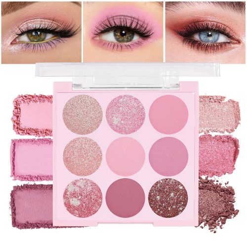 Pink Shimmer Eye Shadow Makeup Palette 9 Colors, Highly Pigmented Matte Glitter Shimmer Pearl Waterproof Party Sparkling Eyeshadow Palette (02#)