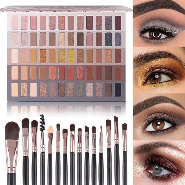 60 Colors Naked Eyeshadow Palette + Makeup Brush Set, All in One Nude Neutral Smokey Makeup Pallet with Brushes, Pigmented Warm Matte Shimmer Powder Eye Shadows Cosmetic Halloween Beauty Kit