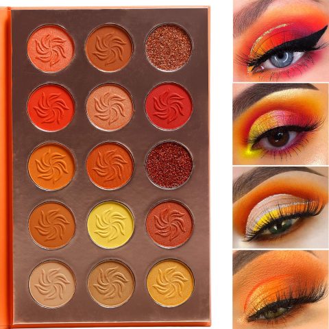 Red Orange Eyeshadow Palette Sunset 15 Color, Highly Pigmented Glam Fall Eye Shadow Makeup Palettes, Brown Yellow Gold Orange Matte Glitter Shimmer Warm Eyeshadow Pallet