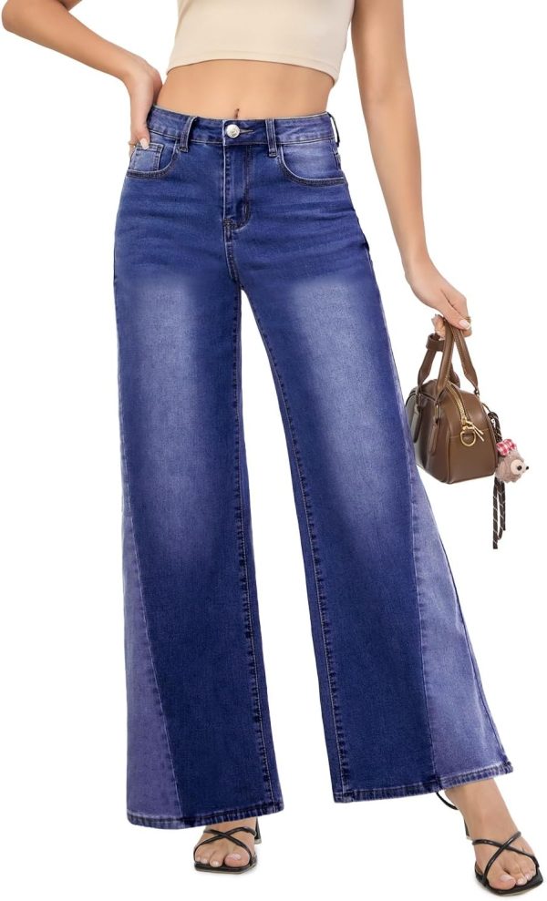 Women Wide Leg Jeans High Waisted Strechy Straight Baggy Jeans for Women Trendy Outfits Denim Pants with Patchwork