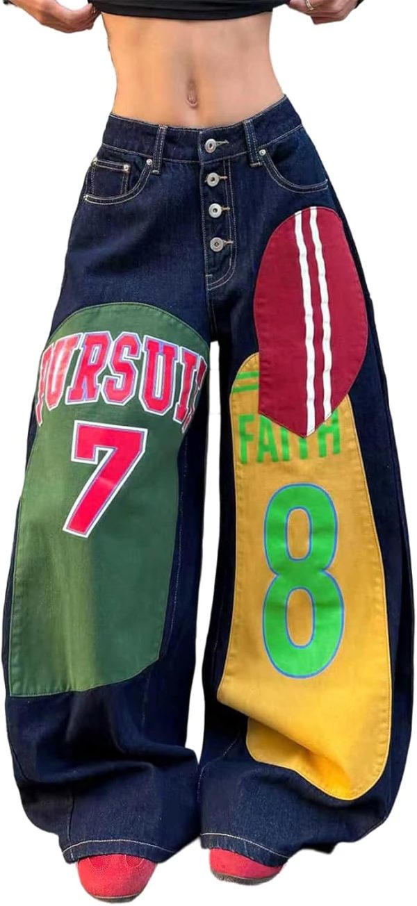 Women Wide Leg Baggy Jeans with Unique Graphic Digital Prints Trendy  Loose Fit Denim Baggy Pants Streetwear