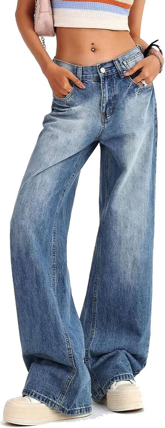 Women Low Rise Baggy Jeans  Wide Leg Denim Pants Casual Loose Straight Leg Boyfriend Jeans with Pockets