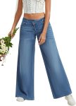 Women Low Rise Wide Leg Jeans, Boyfriend Baggy Straight Leg Stretch Denim Pants, Crossover Closure Casual Trouser