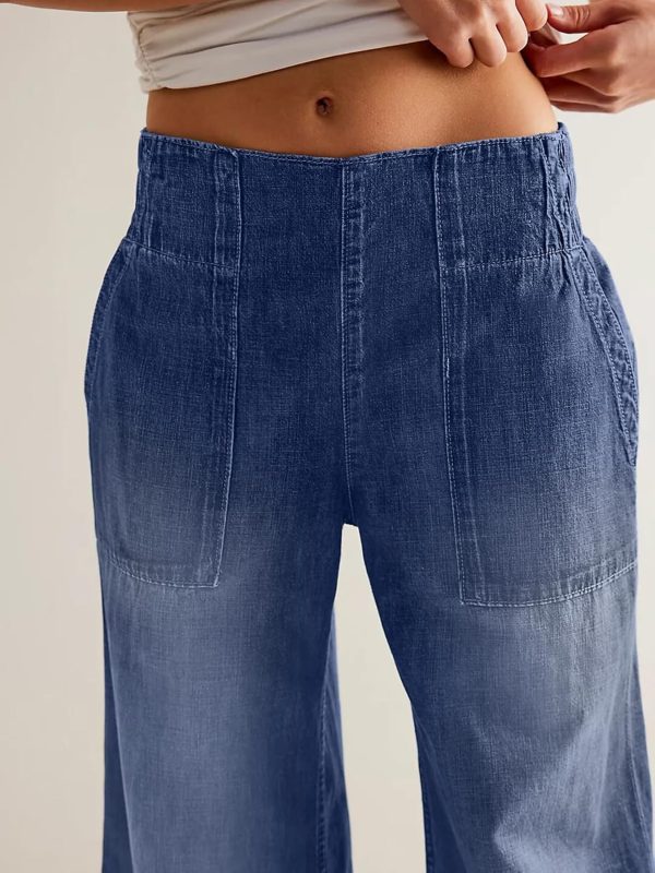 Women Wide Leg Jeans Soft Baggy Low Mid Rise Elastic Waist Pull On Denim Pants Trendy