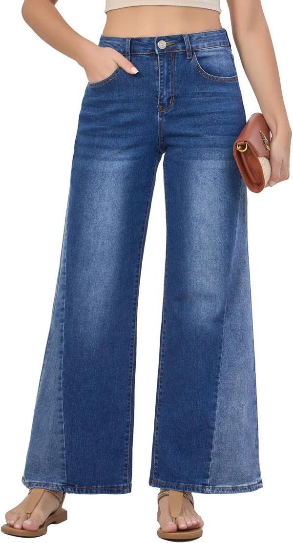 Women Wide Leg Jeans High Waisted Strechy Straight Baggy Jeans for Women Trendy Outfits Denim Pants with Patchwork