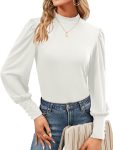 Women Mock Neck Puff Long Sleeve Tops Casual Loose Solid Basic T Shirt Button Cuffs Pullovers Shirts Blouse