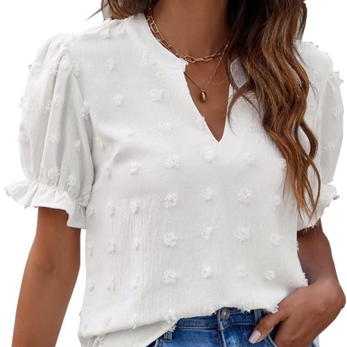 Women Puff Sleeve Casual Tops Fashion White Polka Dot Blouses Dressy Ladies Summer Tops