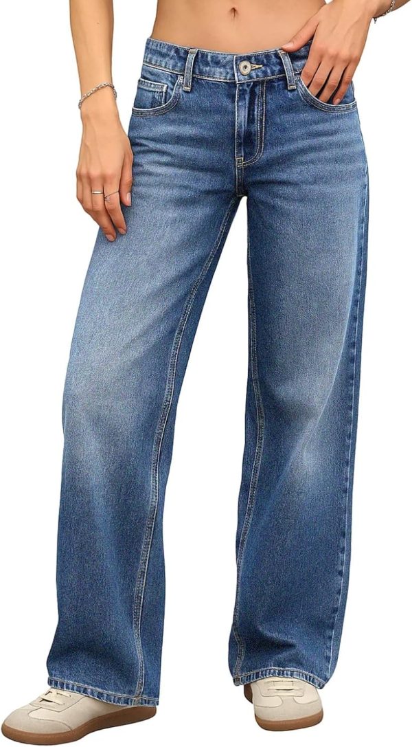 Women Low-Rise Baggy Jeans, High Stretchy  Wide Leg Jeans Boyfriend Straight Leg Denim Pants