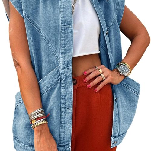 Women d Sleeveless Denim Vest Classic Button Down Jean Vest Casual Utility Lapel Jean Jacket
