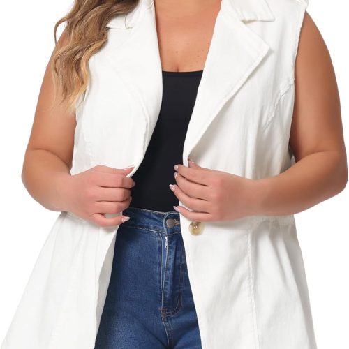 Plus Size Women Denim Vest Sleeveless Lapel Button Elastic Waist Casual Denim Jackets Vests