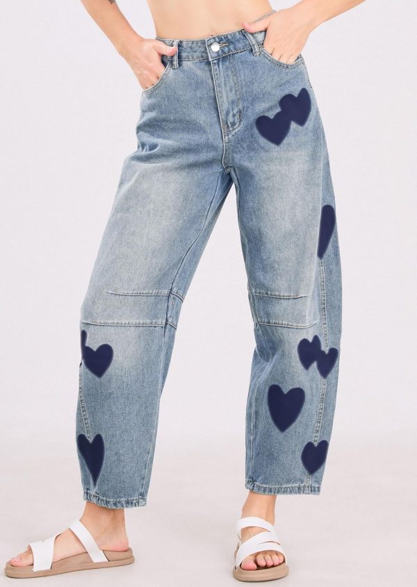 Barrel Jeans Women Wide Leg Baggy Distressed Printed Boyfriend Horseshoe Denim Pants
