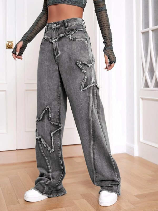 Women Wide Leg Denim Pants  Raw Edge Baggy Trousers High Waisted Boyfriend  Jeans Girls Fashion